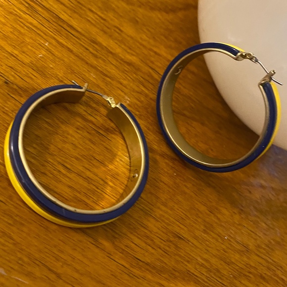 Gold W/Blue & Yellow Enamel 1.5" Hoop Earrings - Picture 3 of 6